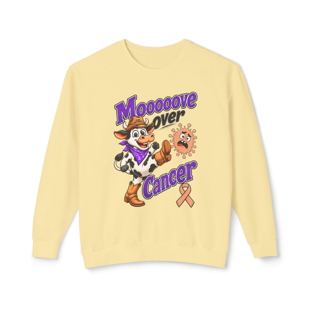 Back view of the Moooove Over Cancer crewneck sweatshirt