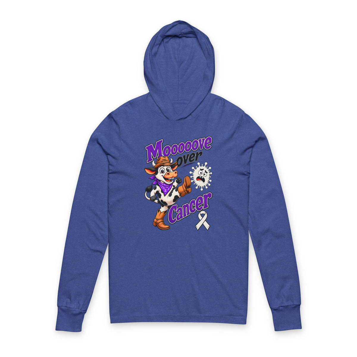 Blue Moooove Over Cancer hooded long-sleeve tee with cow graphic and white Lung Cancer awareness ribbon