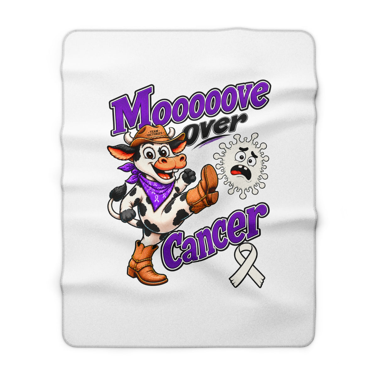 Close view of Moooove Over Cancer sherpa blanket artwork with Lung Cancer awareness ribbon