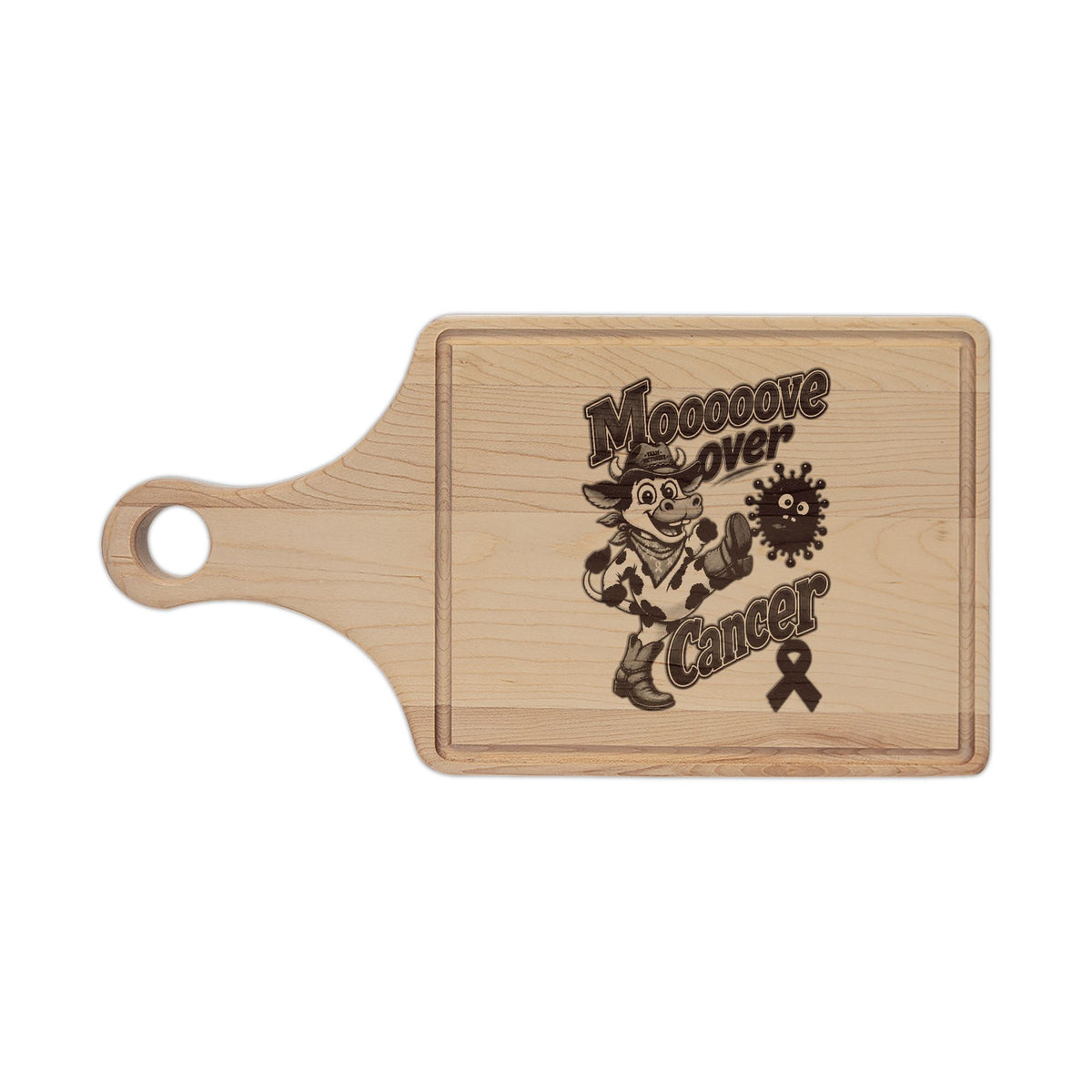 Moooove Over Cancer engraved paddle board with raised edge