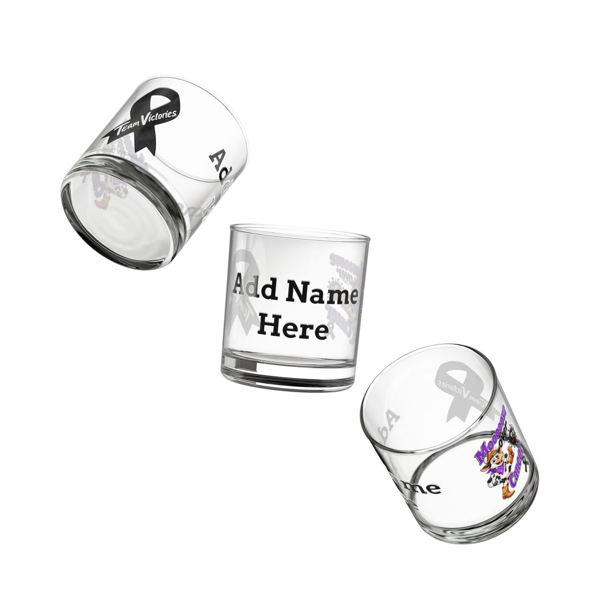 Moooove Over Cancer personalized 10 oz glass tumbler shown in multiple views
