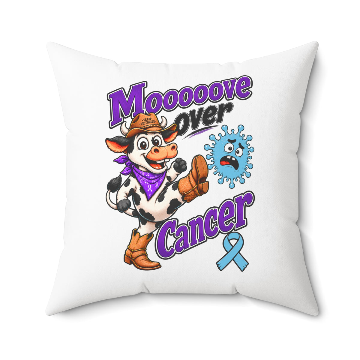 Detailed Moooove Over Cancer pillow artwork with cow, cancer message, and blue awareness ribbon