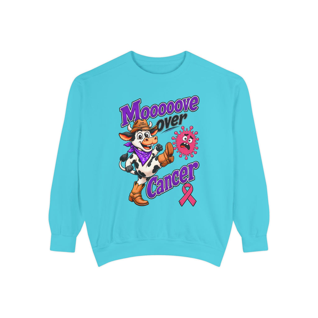 Moooove Over Cancer cowboy crewneck sweatshirt in bright cyan with pink ribbon design