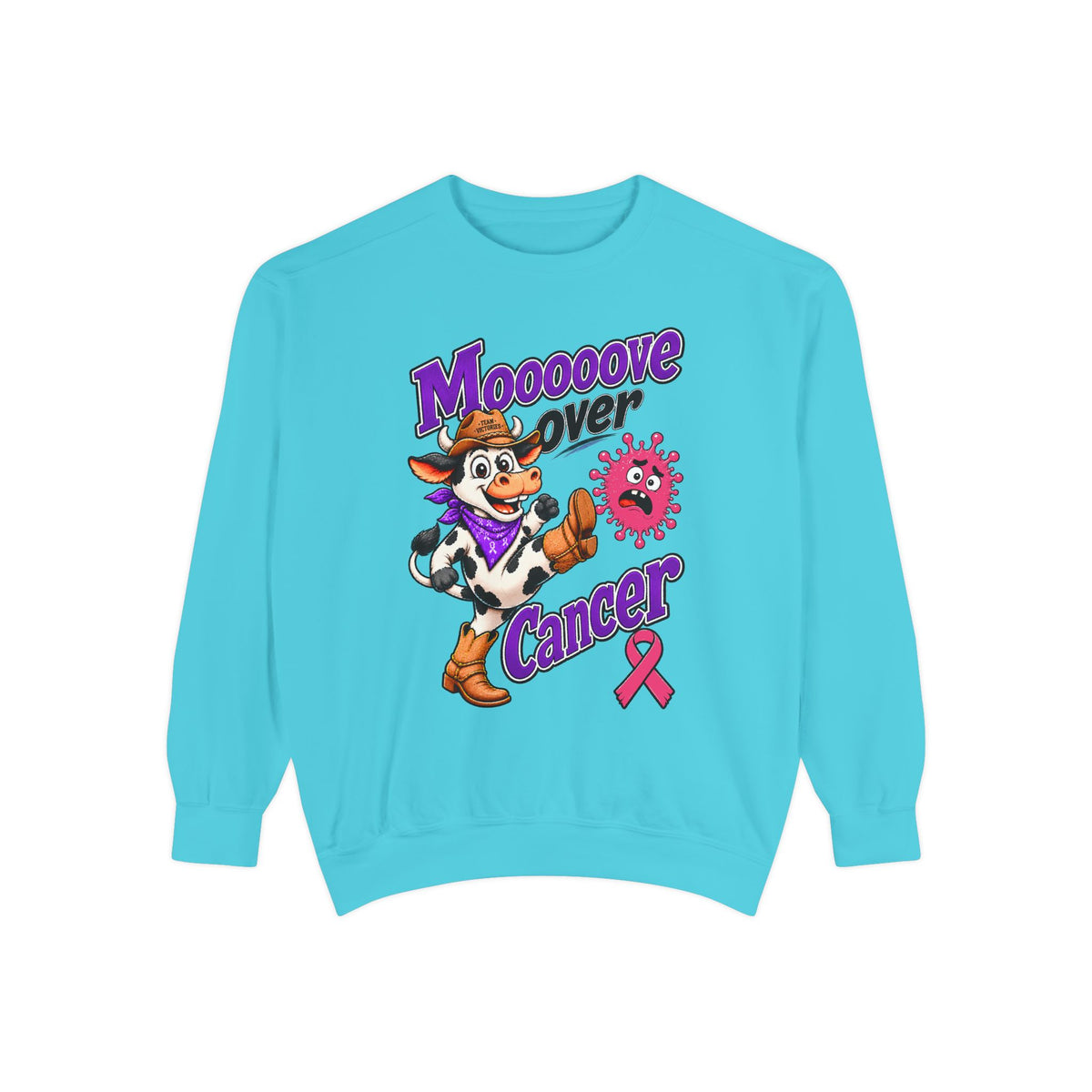 Moooove Over Cancer cowboy crewneck sweatshirt in bright cyan with pink ribbon design