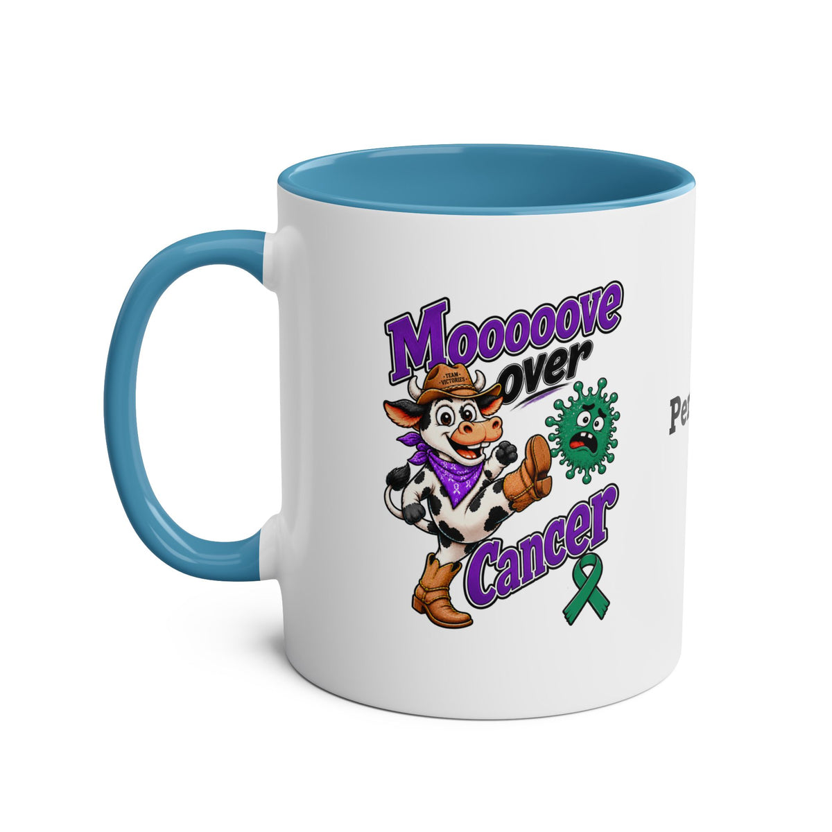 Moooove Over Cancer cowboy design mug with blue interior and handle
