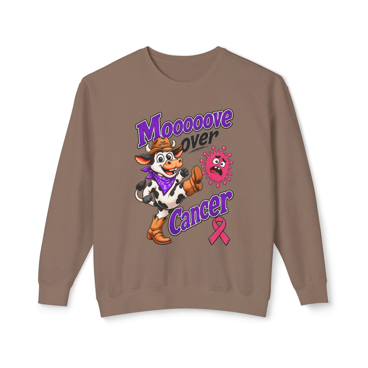 Back view of the plain white Moooove Over Cancer crewneck sweatshirt