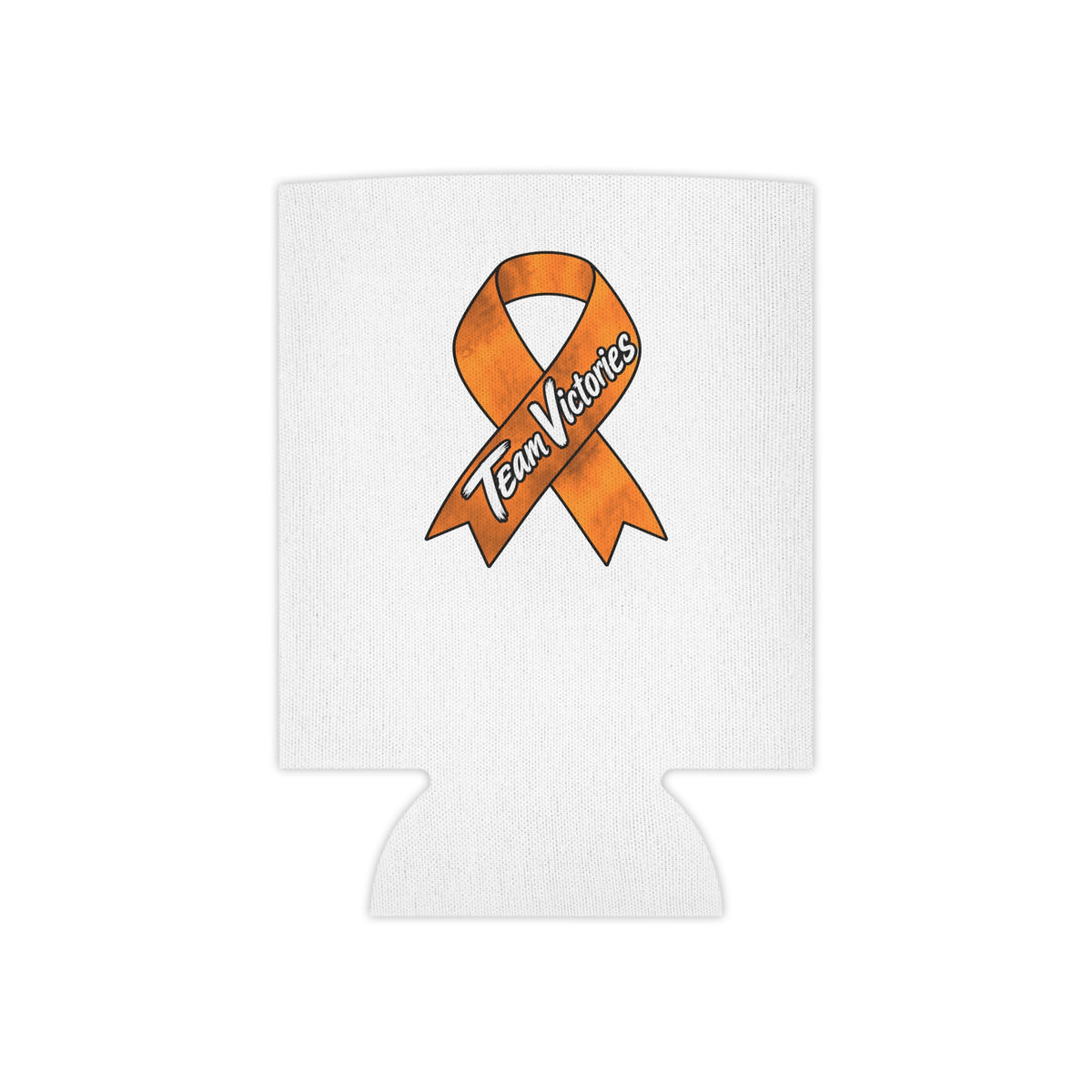 Team Victories orange awareness ribbon design on a white can cooler