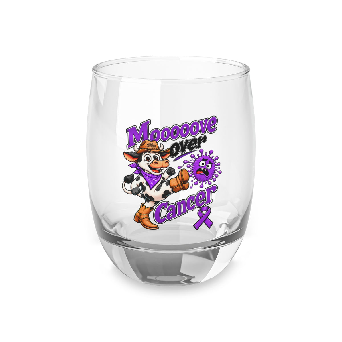 Moooove Over Cancer cow artwork on a clear 6 oz whiskey glass