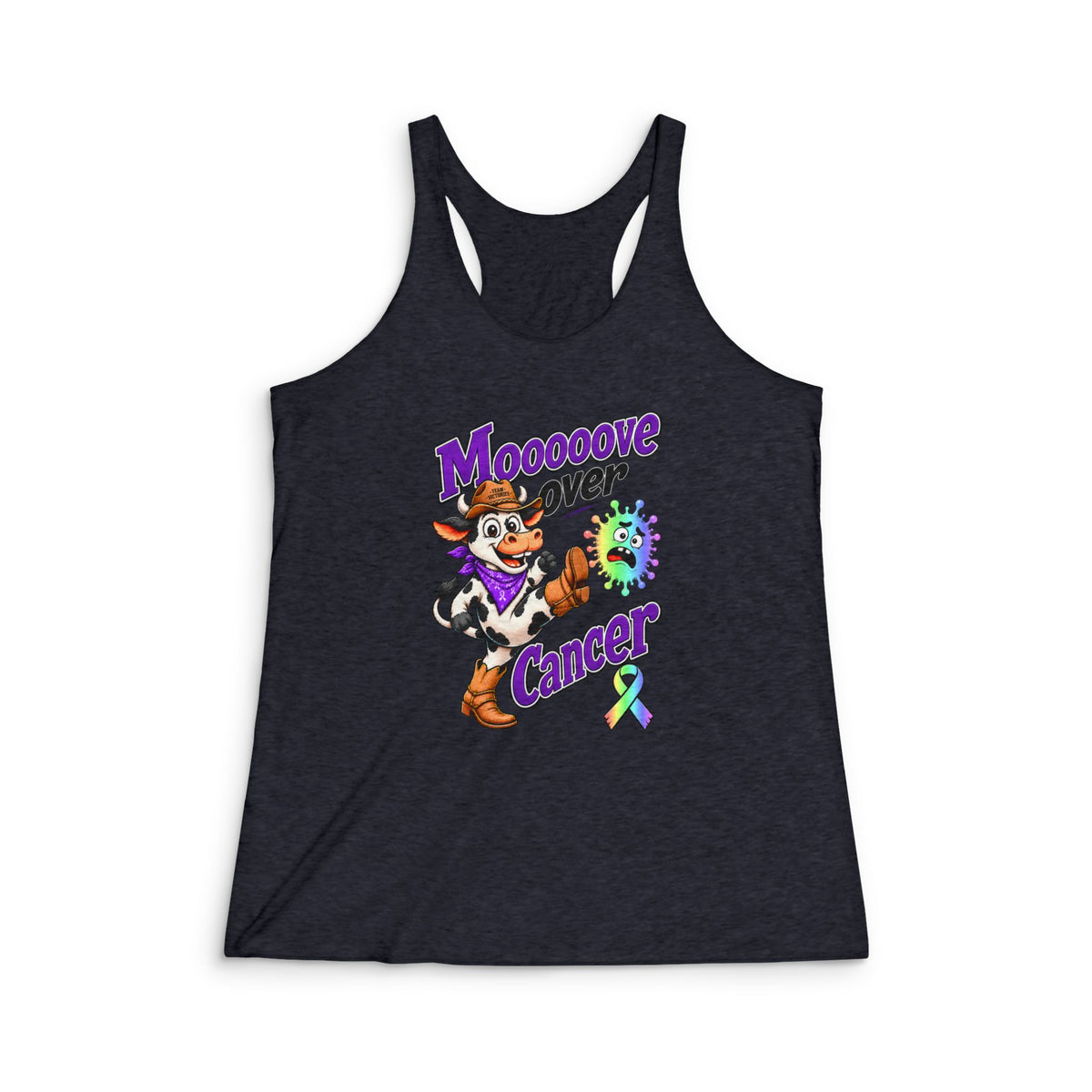 Moooove Over Cancer charcoal racerback tank top with cow design and all-cancer awareness ribbon