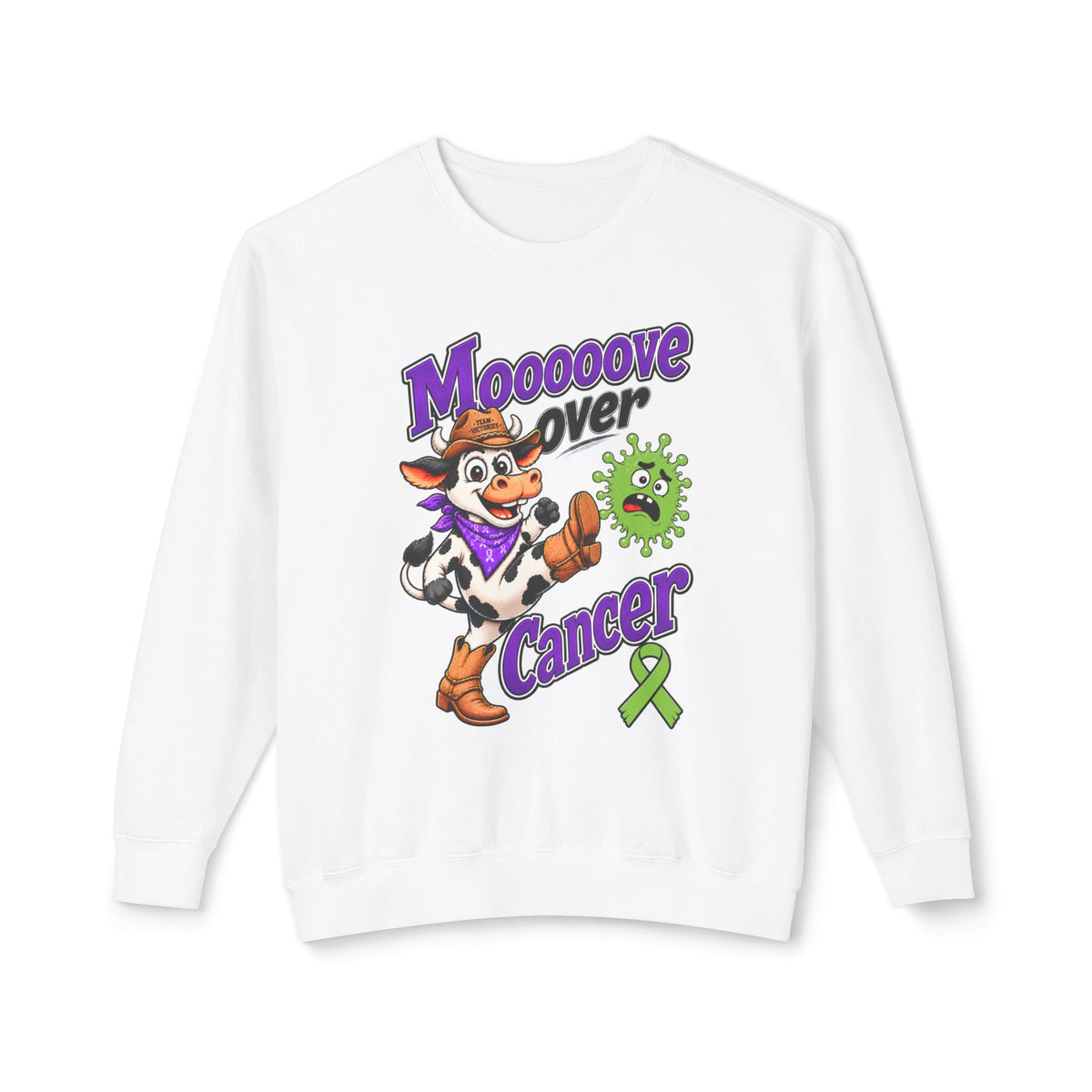 Moooove Over Cancer crewneck sweatshirt with cow artwork and Non-Hodgkin/Lymphoma Cancer awareness ribbon