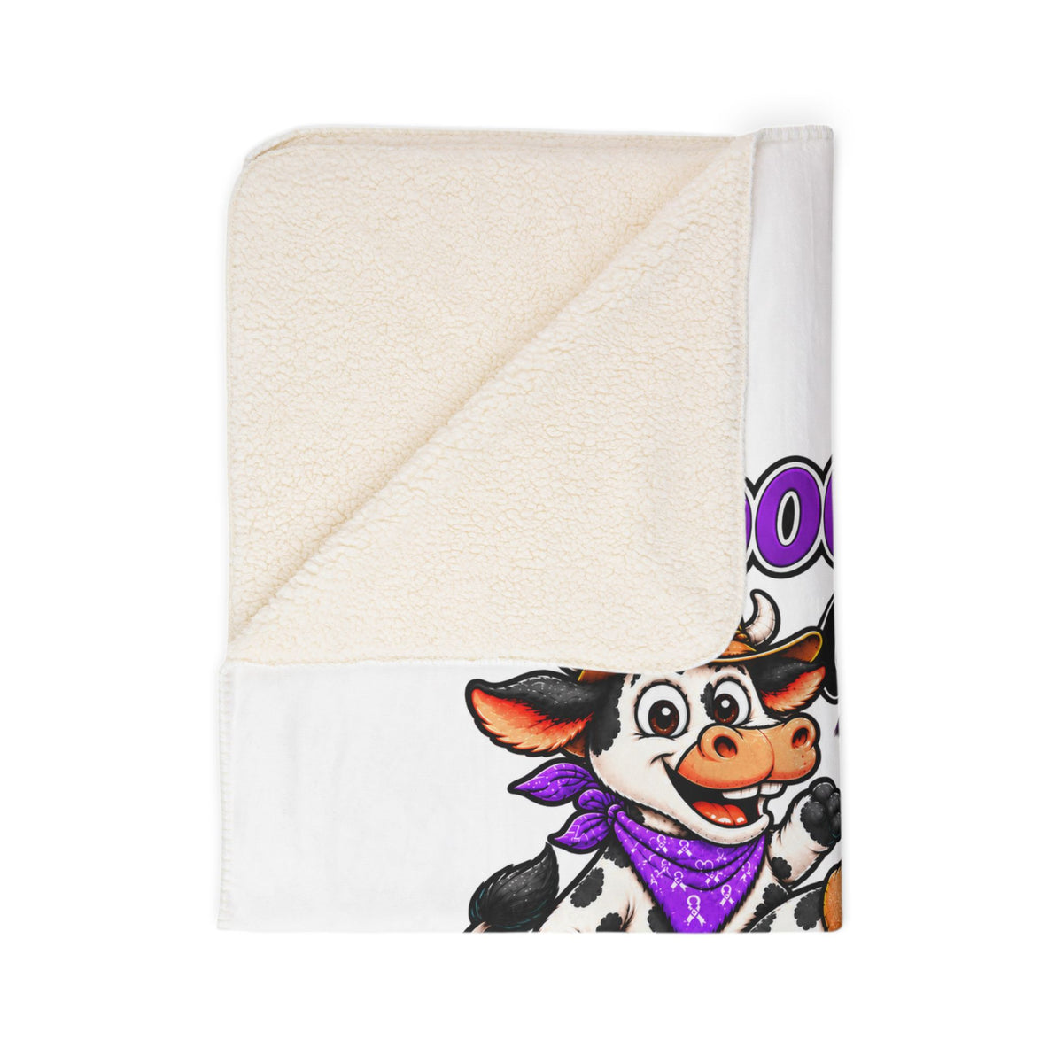 Moooove Over Cancer blanket showing cream sherpa reverse and colorful cow artwork