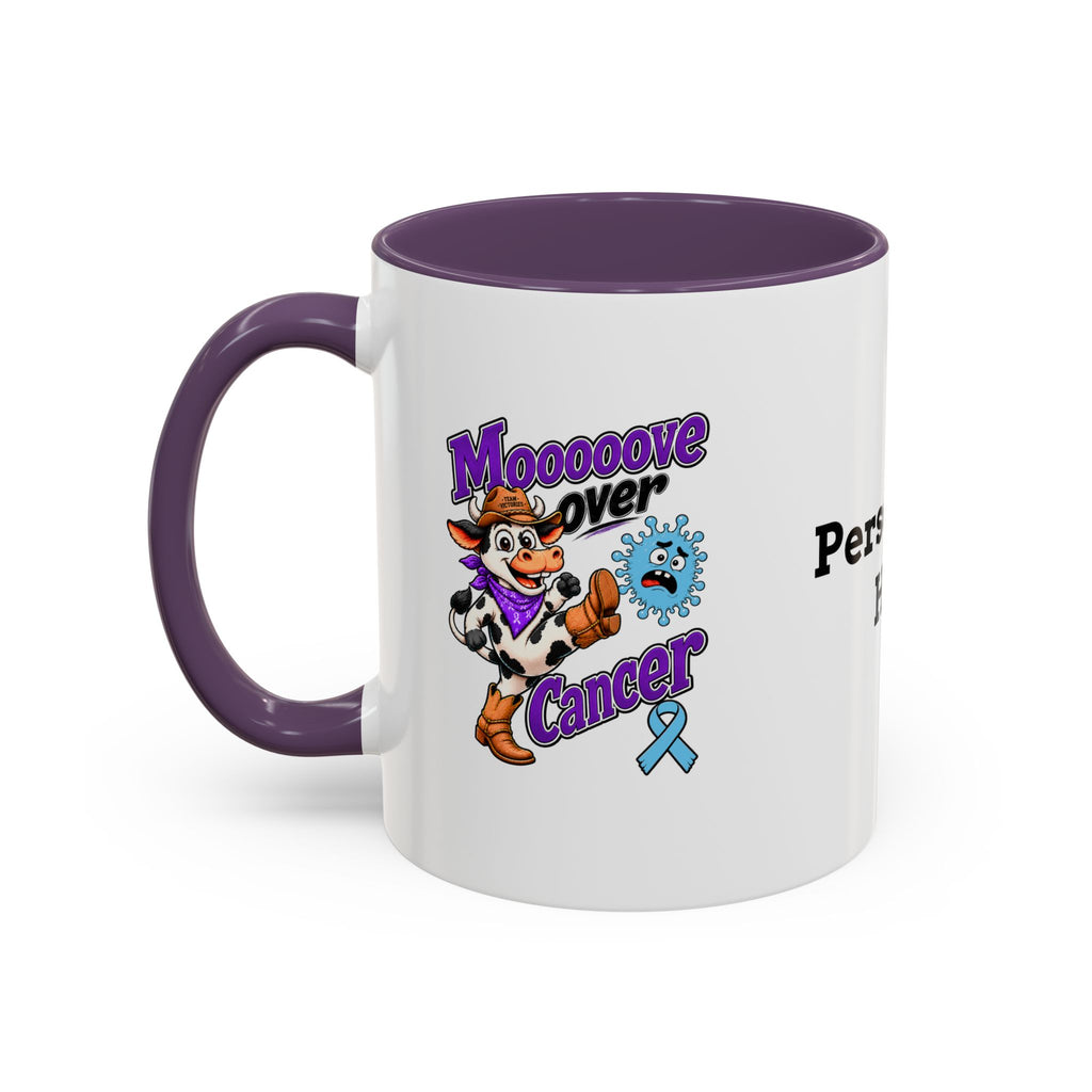 Moooove Over Cancer mug side view with purple handle and Prostate Cancer awareness ribbon