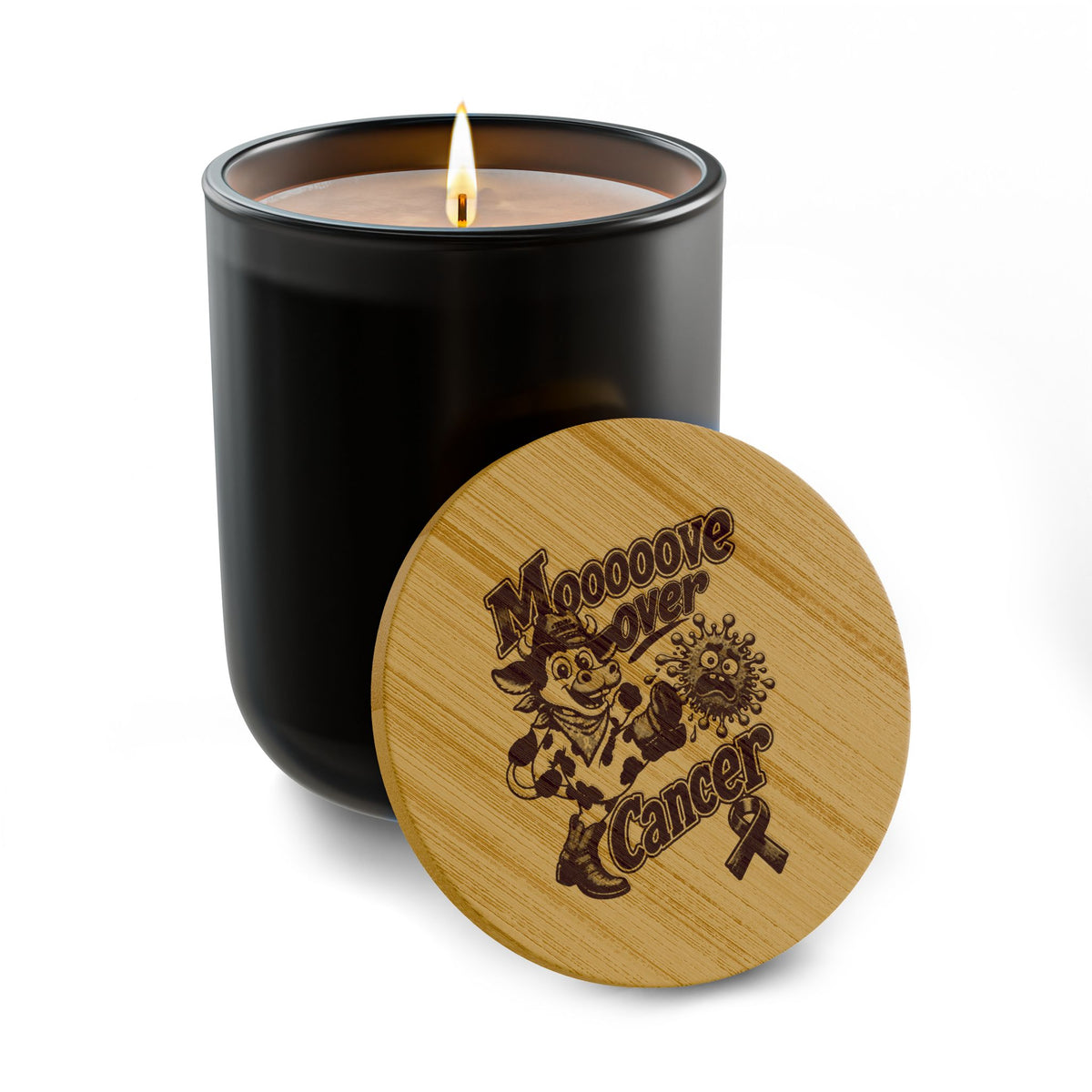 Moooove Over Cancer 14 oz soy candle with Pancreatic Cancer awareness ribbon and engraved bamboo lid