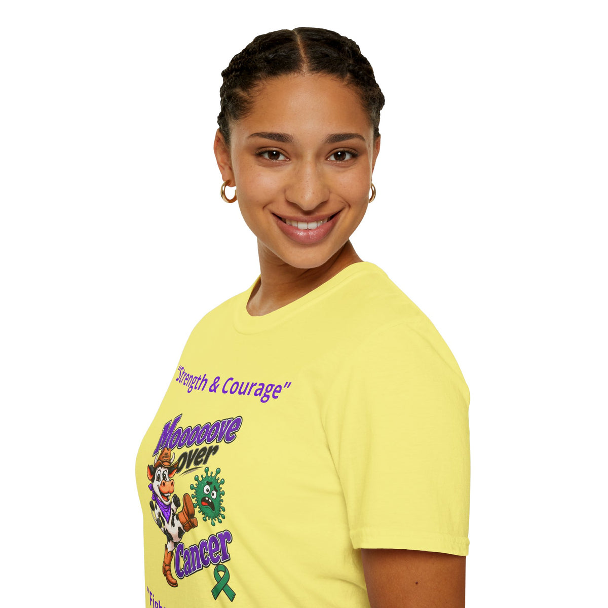 Man wearing a mint Moooove Over Cancer T-shirt with Fight Baby Fight message