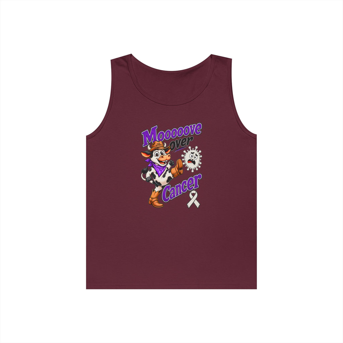 Moooove Over Cancer tank top with Lung Cancer awareness ribbon in burgundy