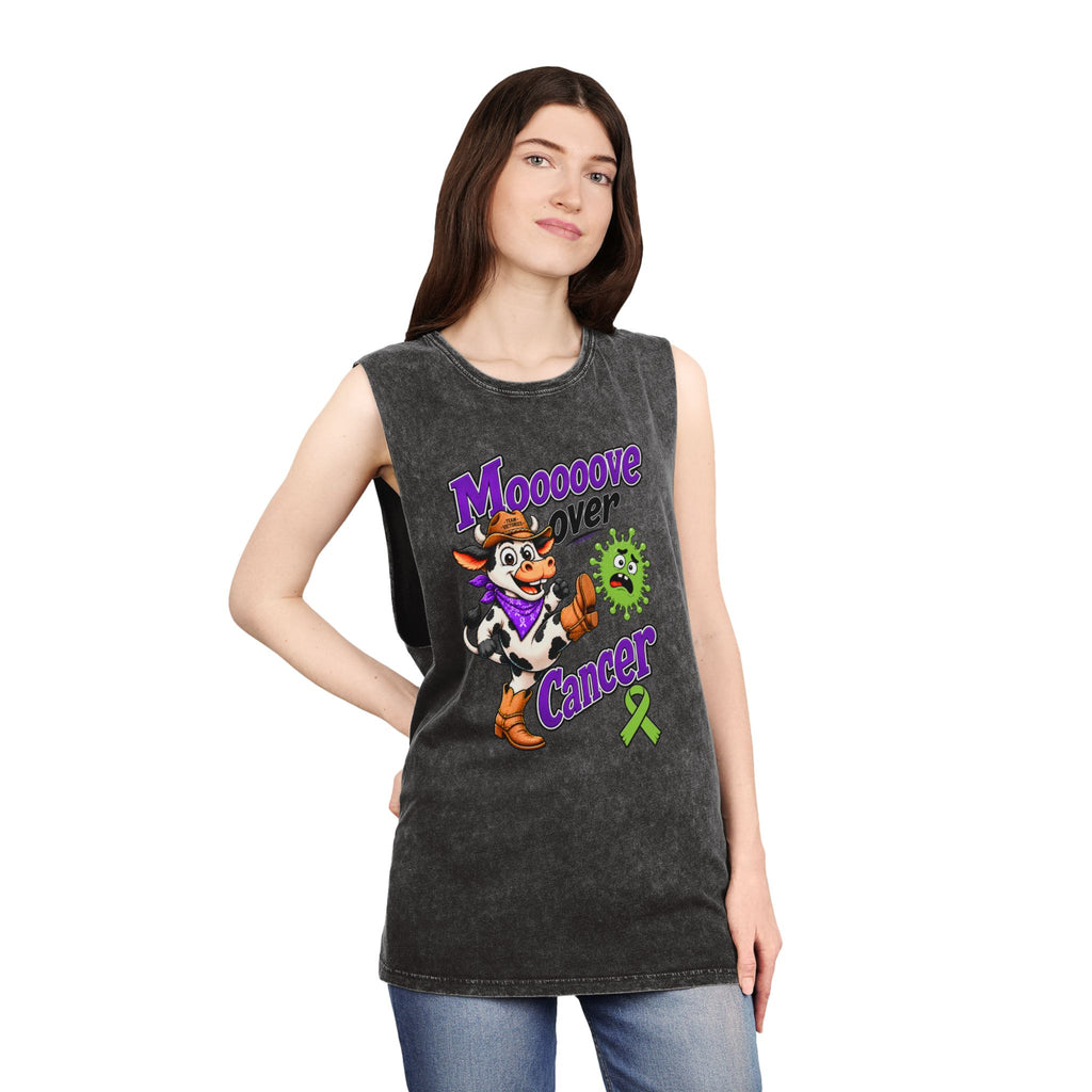 Model wearing the Moooove Over Cancer stonewashed tank top with front awareness design