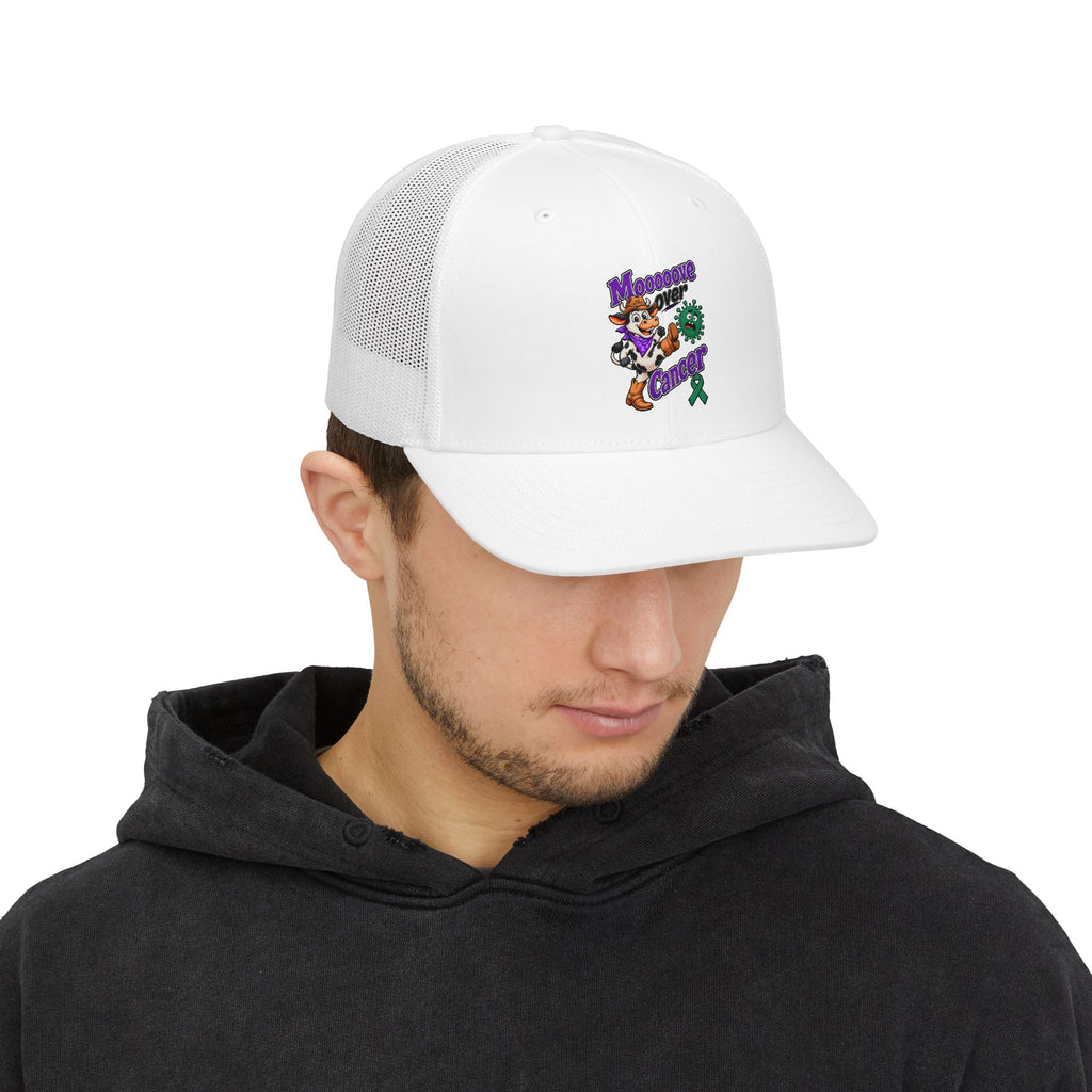 Model wearing a white Moooove Over Cancer trucker cap with mesh back