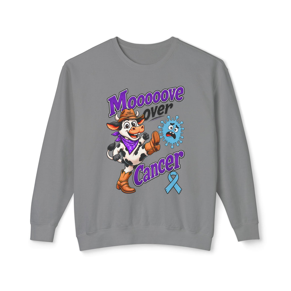 Moooove Over Cancer gray sweatshirt with cow graphic and Prostate Cancer awareness ribbon