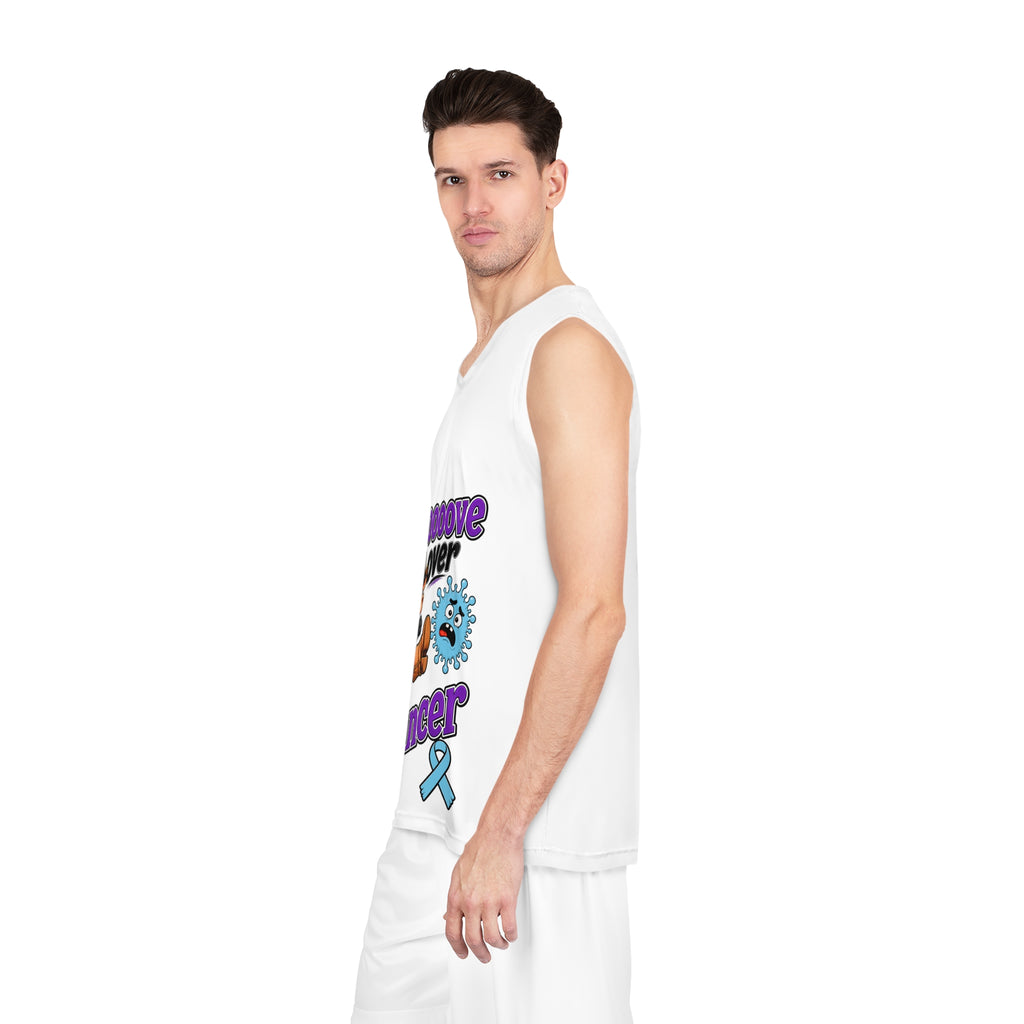 Side view of the Moooove Over Cancer sleeveless basketball jersey