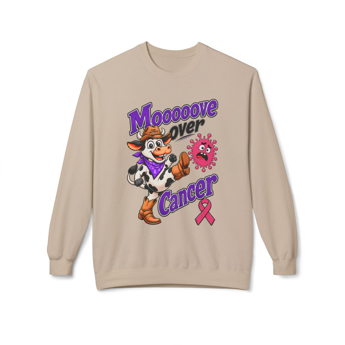 Woman wearing Moooove Over Cancer sweatshirt with pink Breast Cancer awareness ribbon design