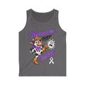 Moooove Over Cancer charcoal tank top with purple lettering and cow graphic