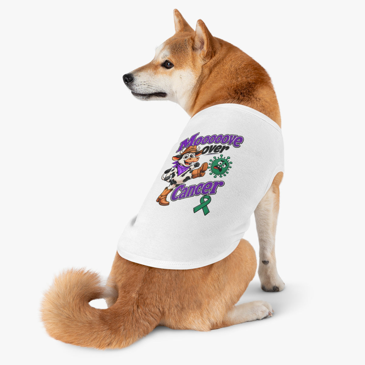 Moooove Over Cancer gray dog tank top shown from the rear on a standing dog