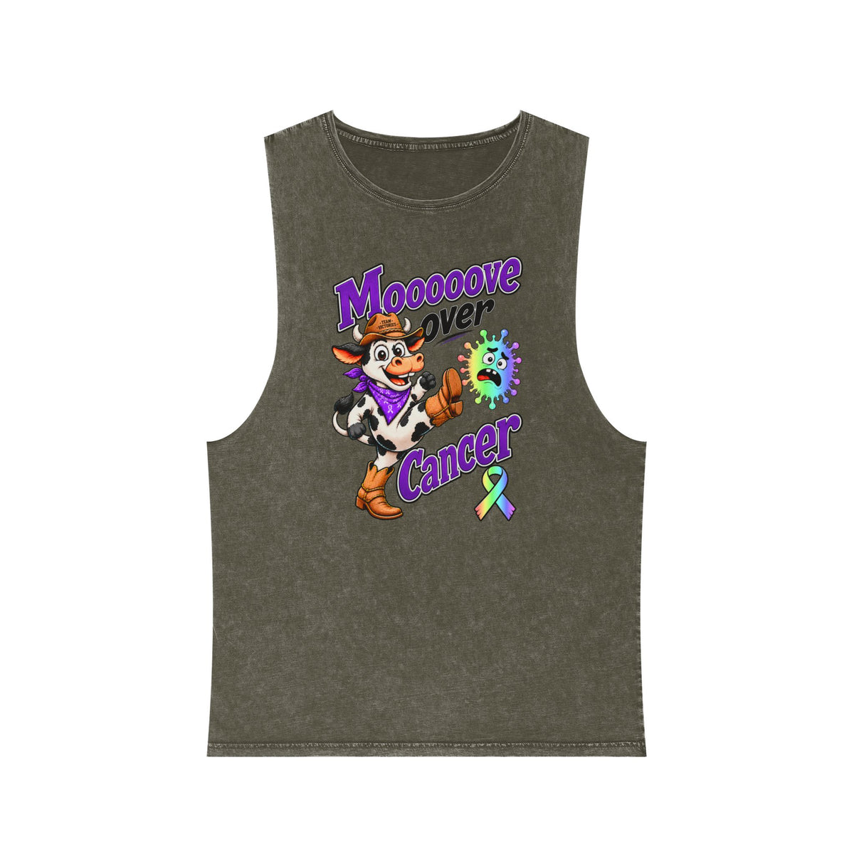 Moooove Over Cancer tank top in olive stonewash with all-cancer awareness ribbon artwork