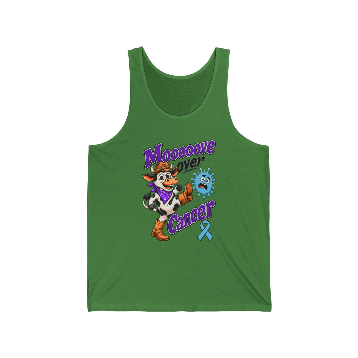 Moooove Over Cancer green tank top with blue Prostate Cancer awareness ribbon, front view