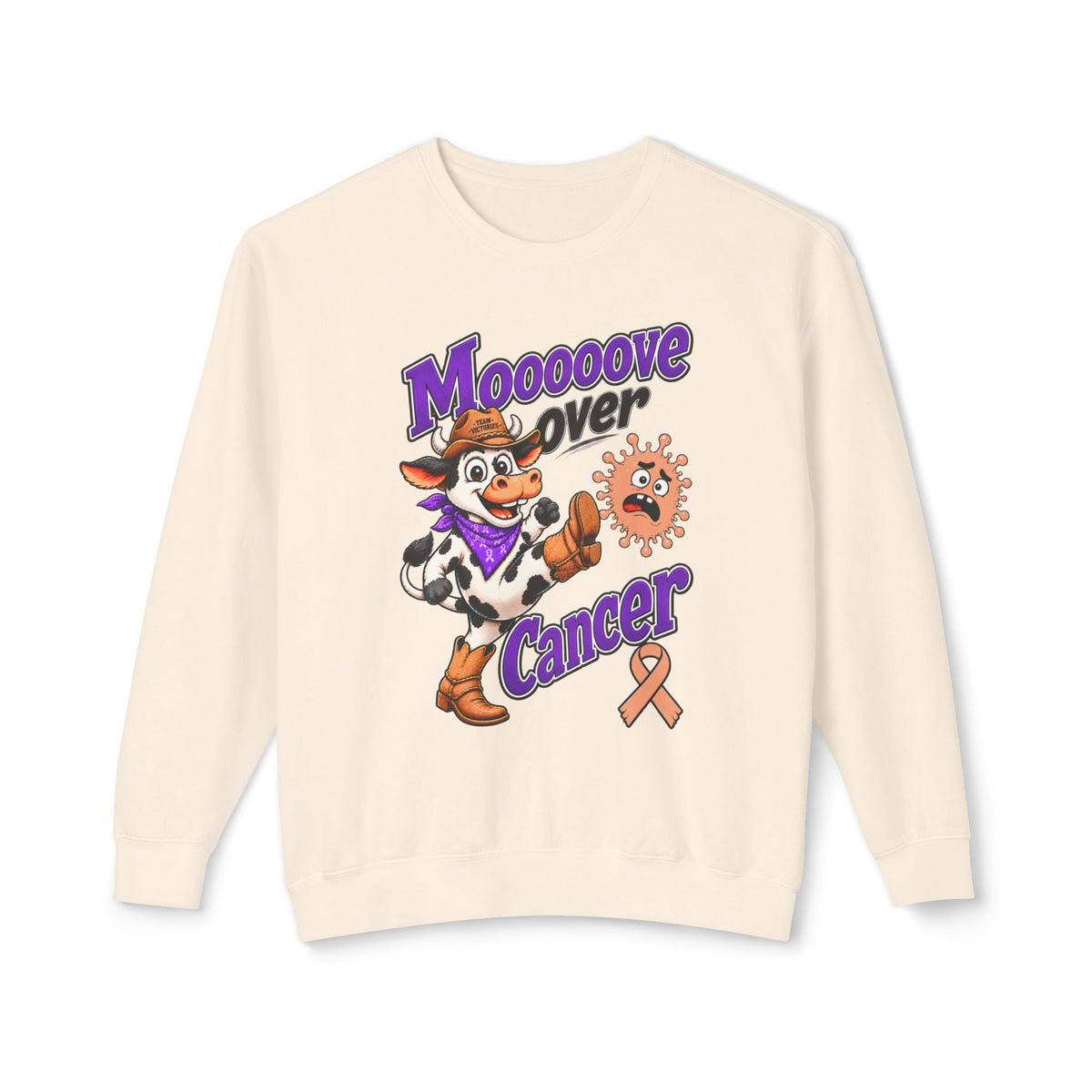 Model wearing Moooove Over Cancer sweatshirt with Uterine Cancer awareness ribbon