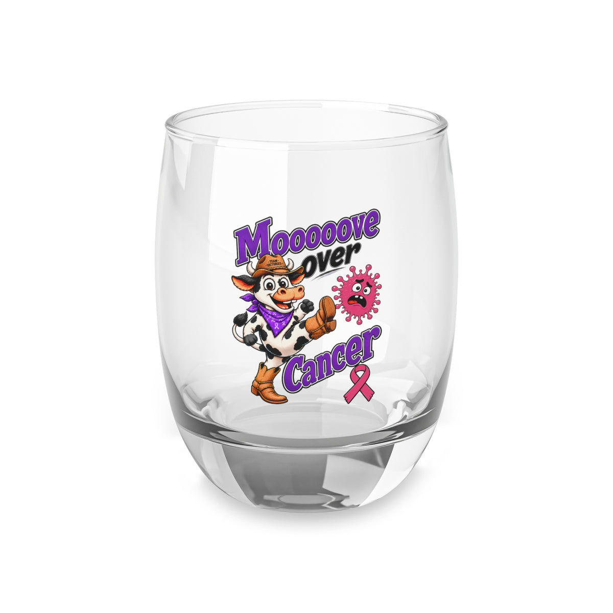 Moooove Over Cancer cow design with pink ribbon on a clear 6 oz whiskey glass