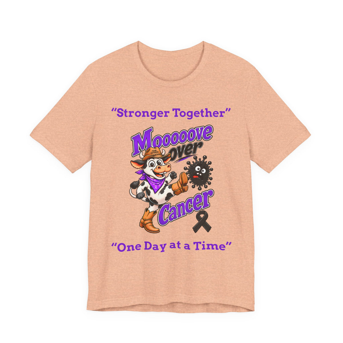 Moooove Over Cancer peach T-shirt with cow character and awareness artwork