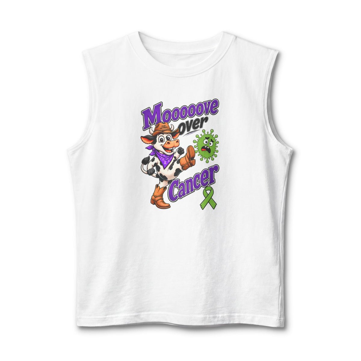 White Moooove Over Cancer tank top with a cowgirl design and Non-Hodgkin/Lymphoma Cancer awareness ribbon