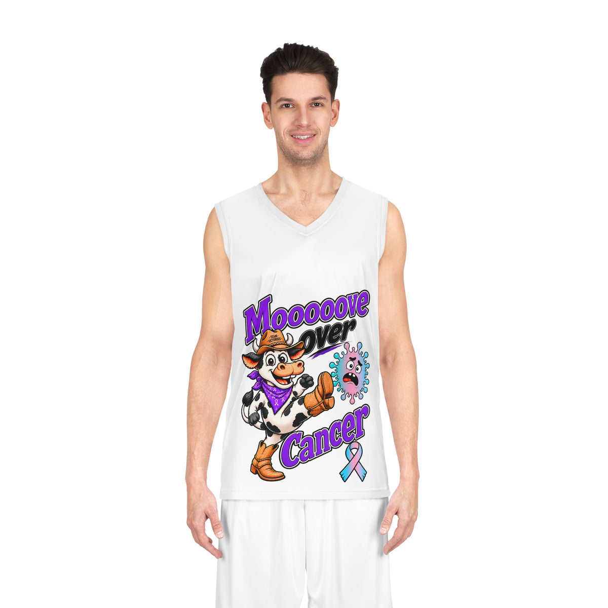 Model wearing the white Moooove Over Cancer basketball jersey front