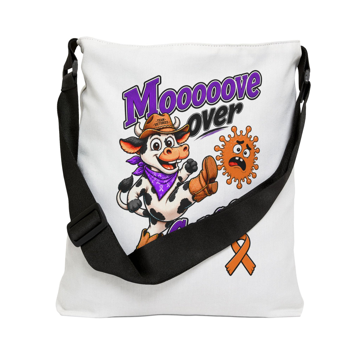 Moooove Over Cancer cow design on a tote with crossbody strap