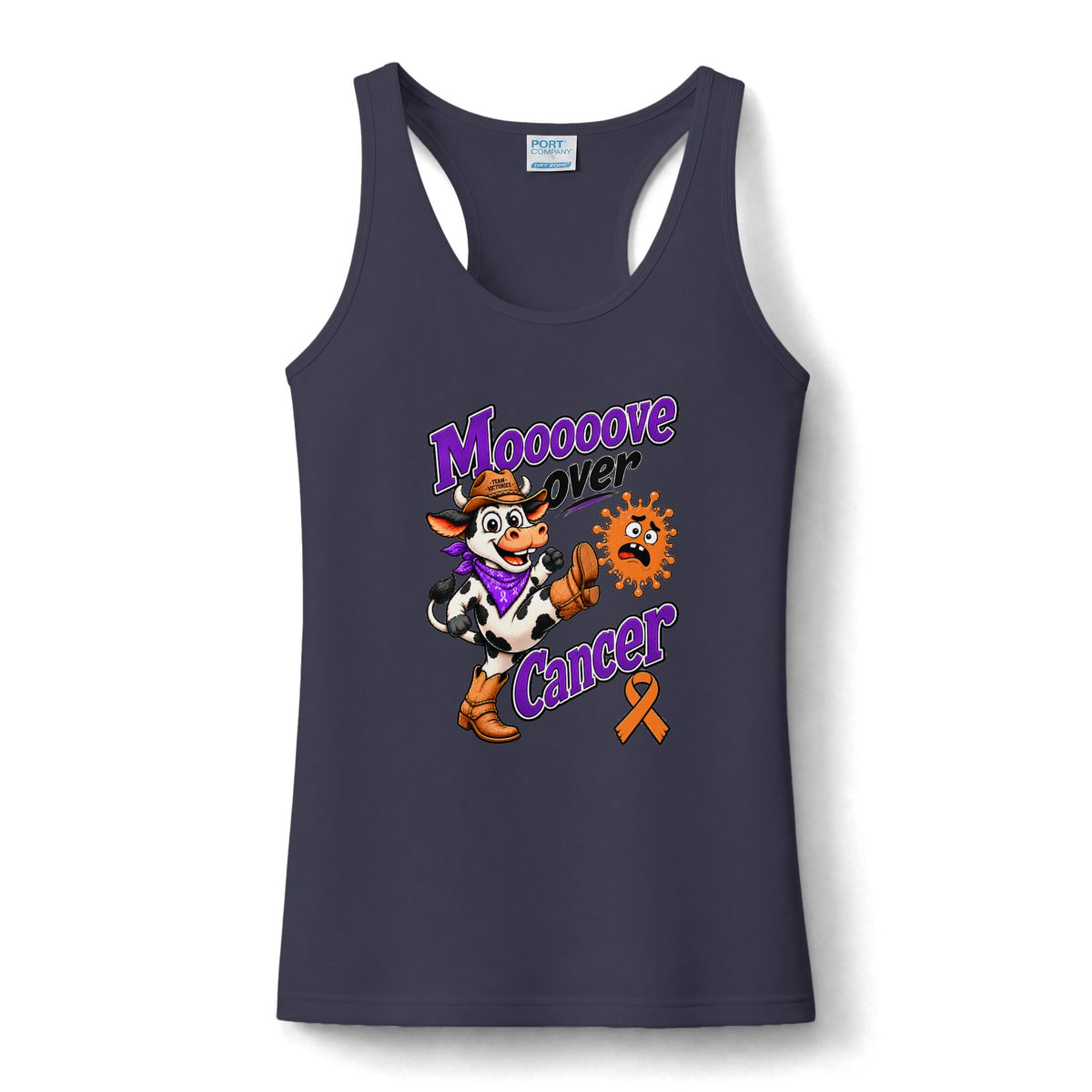 Moooove Over Cancer women's performance tank top in navy with a Leukemia/Kidney Cancer awareness ribbon