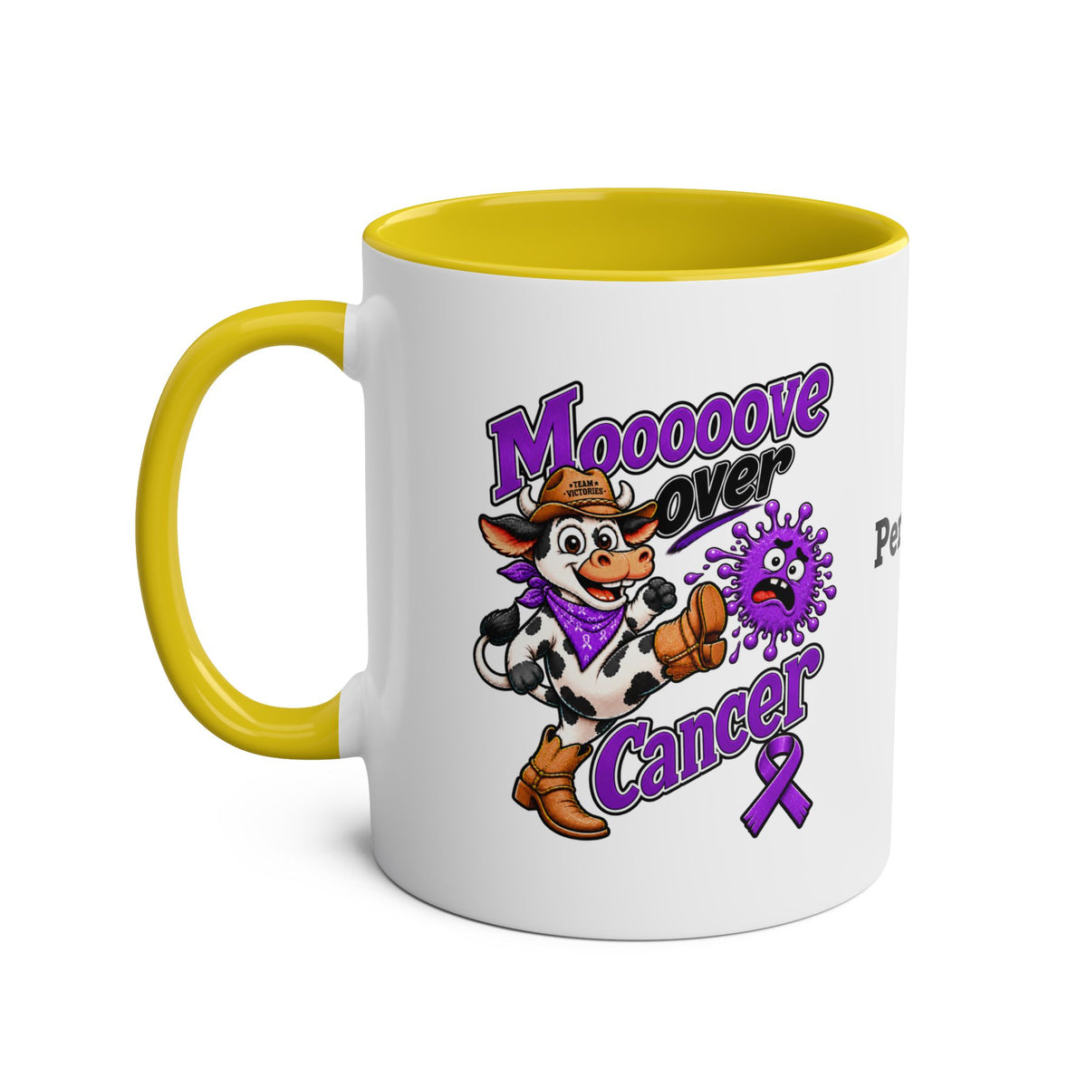 Moooove Over Cancer Team Victories mug with yellow interior and handle