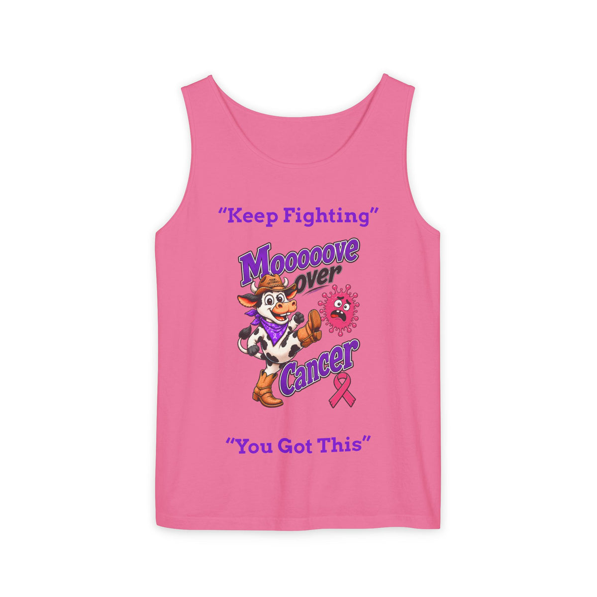 Woman modeling white Moooove Over Cancer tank top with Breast Cancer awareness ribbon