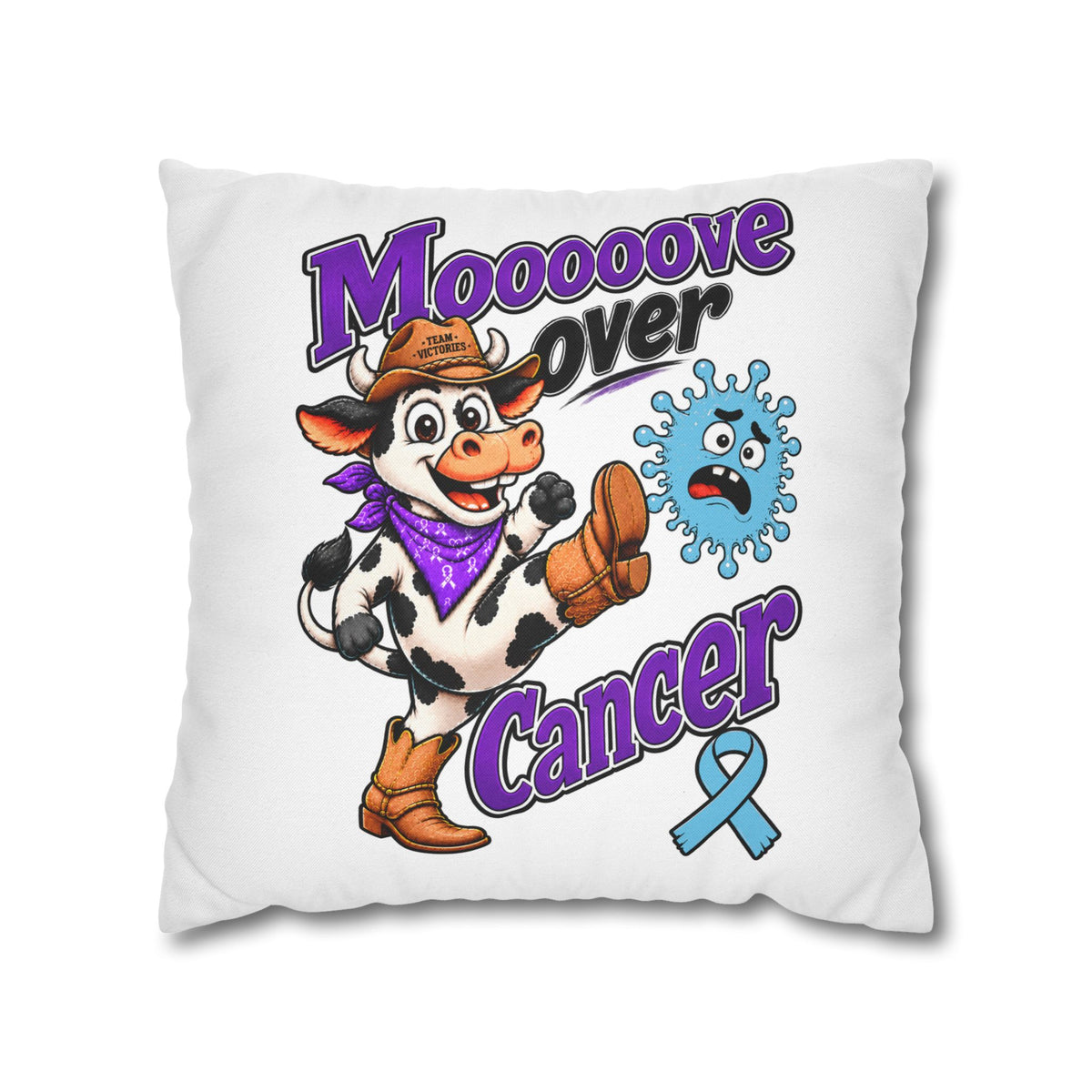 Moooove Over Cancer pillowcase featuring a cowgirl cow and Prostate Cancer awareness ribbon