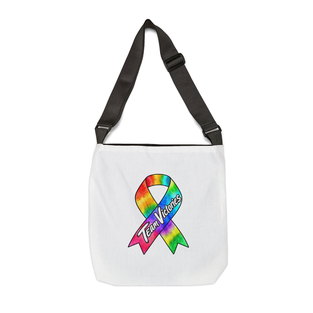 Team Victories ribbon design displayed on the back of the Moooove Over Cancer tote
