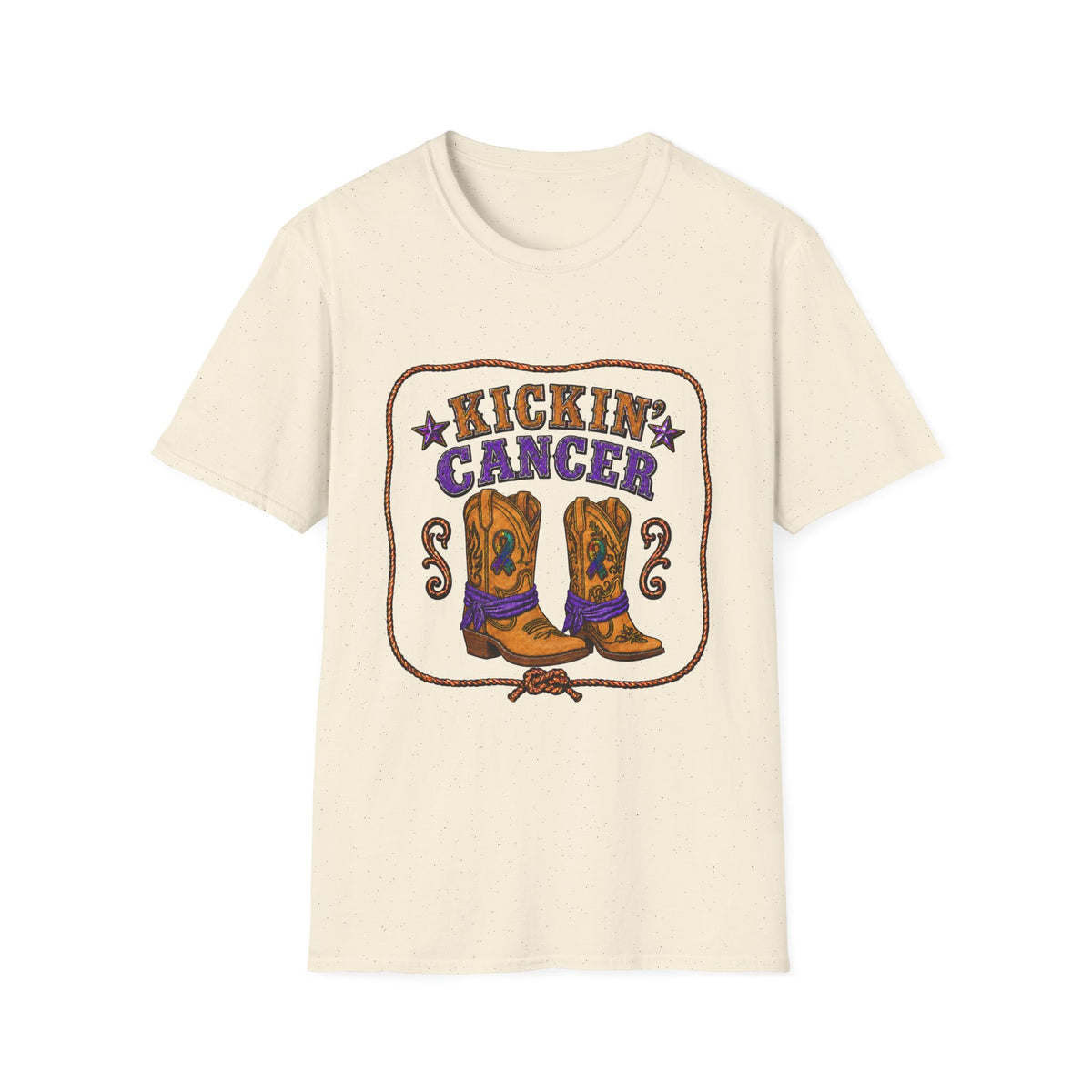 Speckled ivory Kickin' Cancer T-shirt with vintage Western cowboy boot design