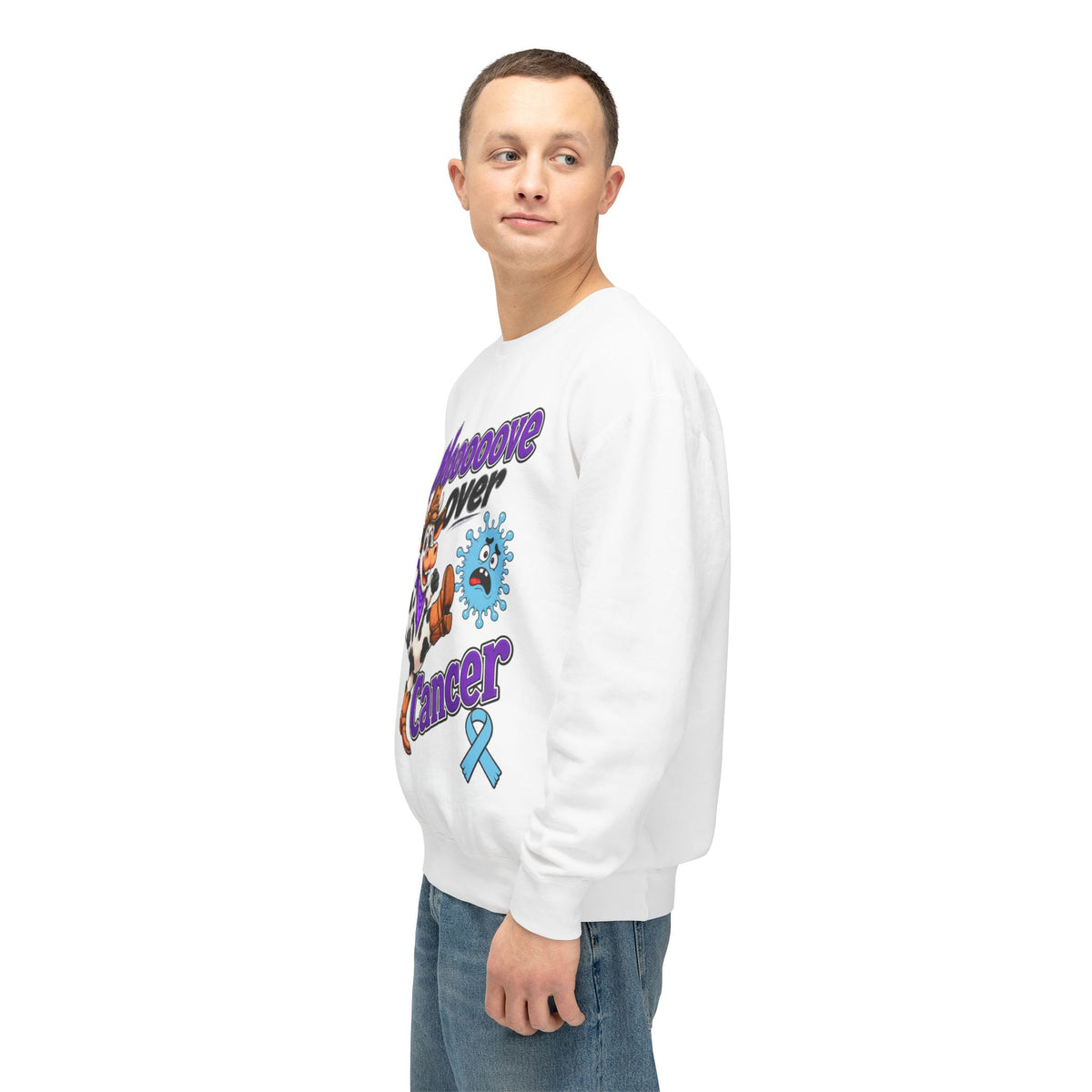Alternate side view of Moooove Over Cancer sweatshirt with Prostate Cancer awareness ribbon graphic