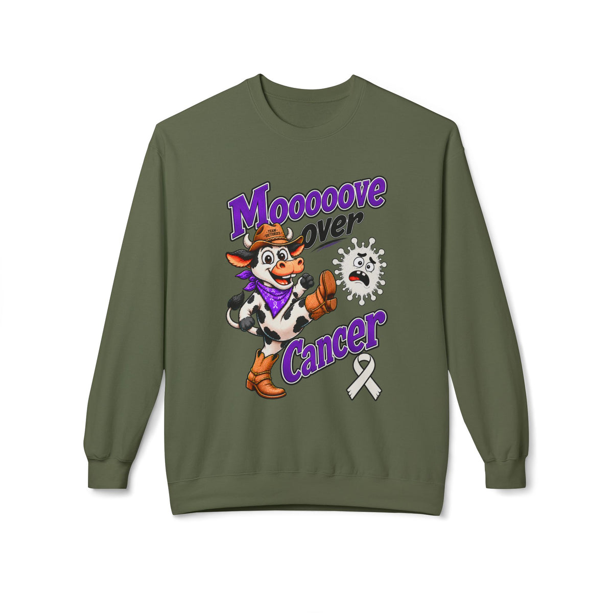 Brown Moooove Over Cancer sweatshirt with western cow graphic and Lung Cancer awareness ribbon