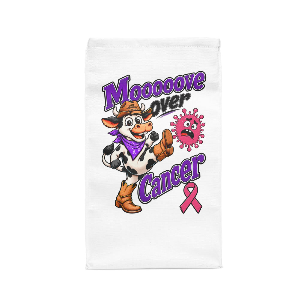 Moooove Over Cancer lunch bag with cowgirl cow artwork and pink awareness ribbon