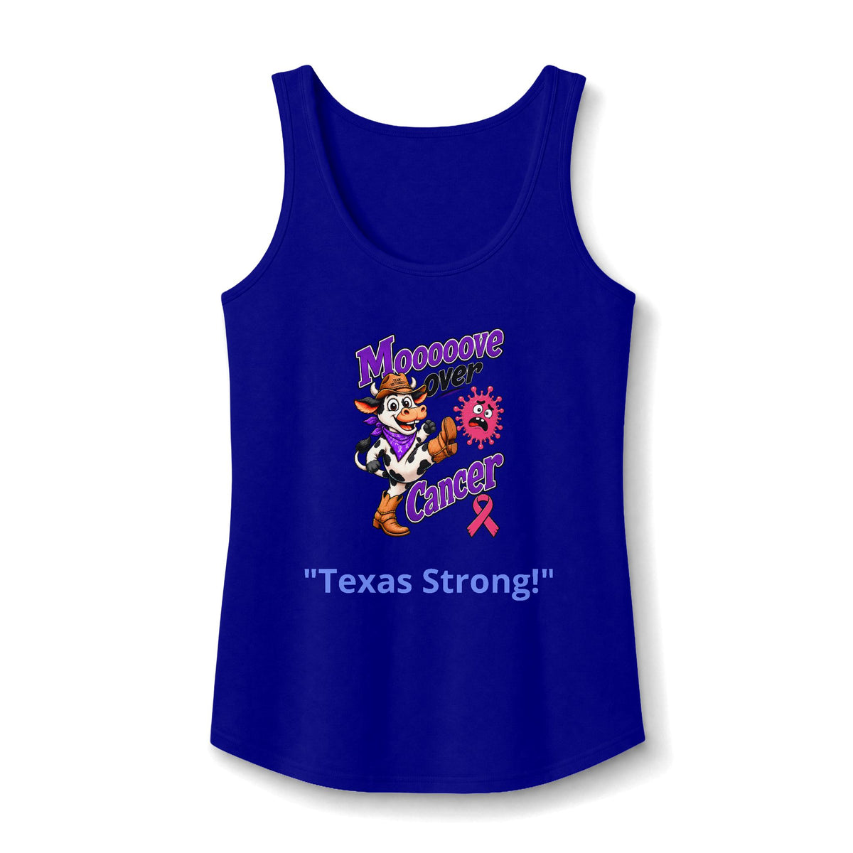 Blue Moooove Over Cancer tank top with Texas Strong slogan and pink Breast Cancer awareness ribbon