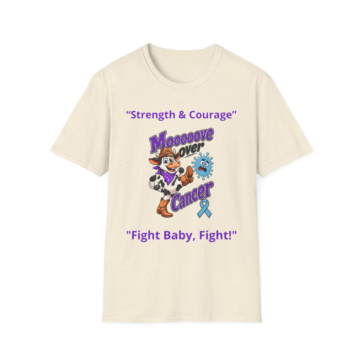 Moooove Over Cancer speckled cream T-shirt with Strength & Courage artwork