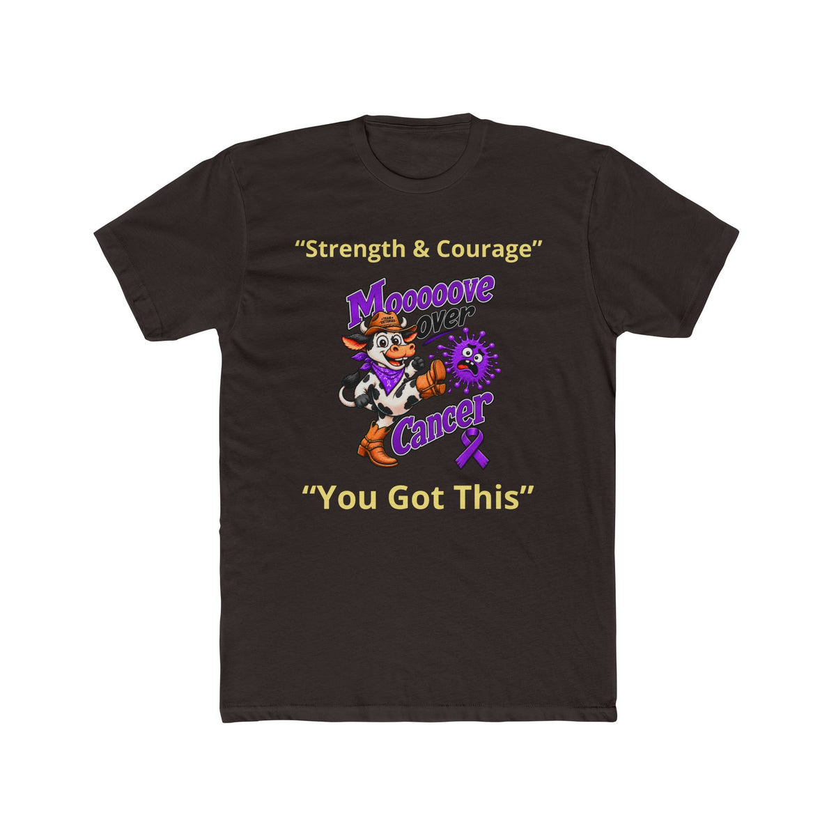 Dark brown Moooove Over Cancer T-shirt with You Got This message and Pancreatic Cancer awareness ribbon