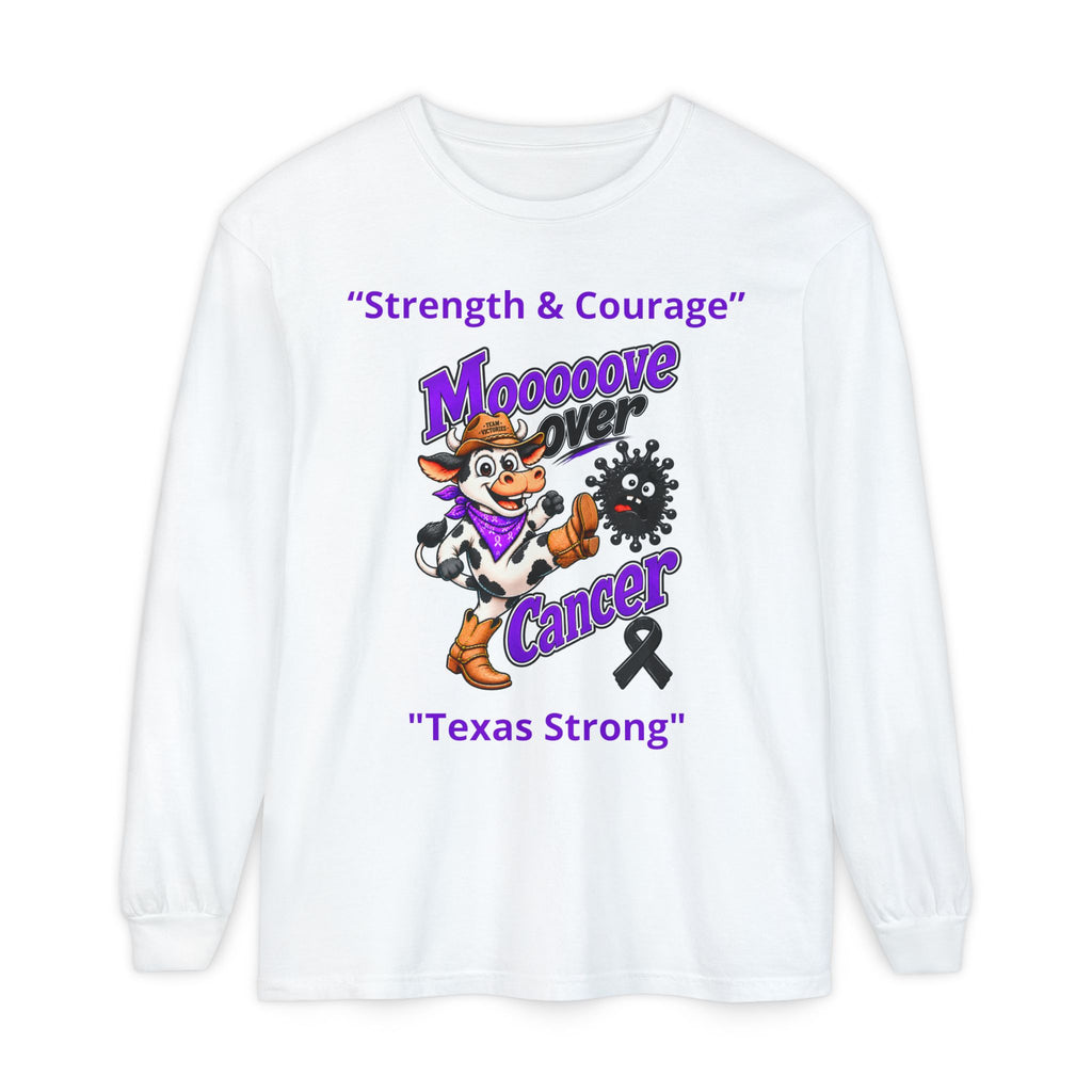 Moooove Over Cancer long sleeve shirt in white with Texas Strong text and black ribbon