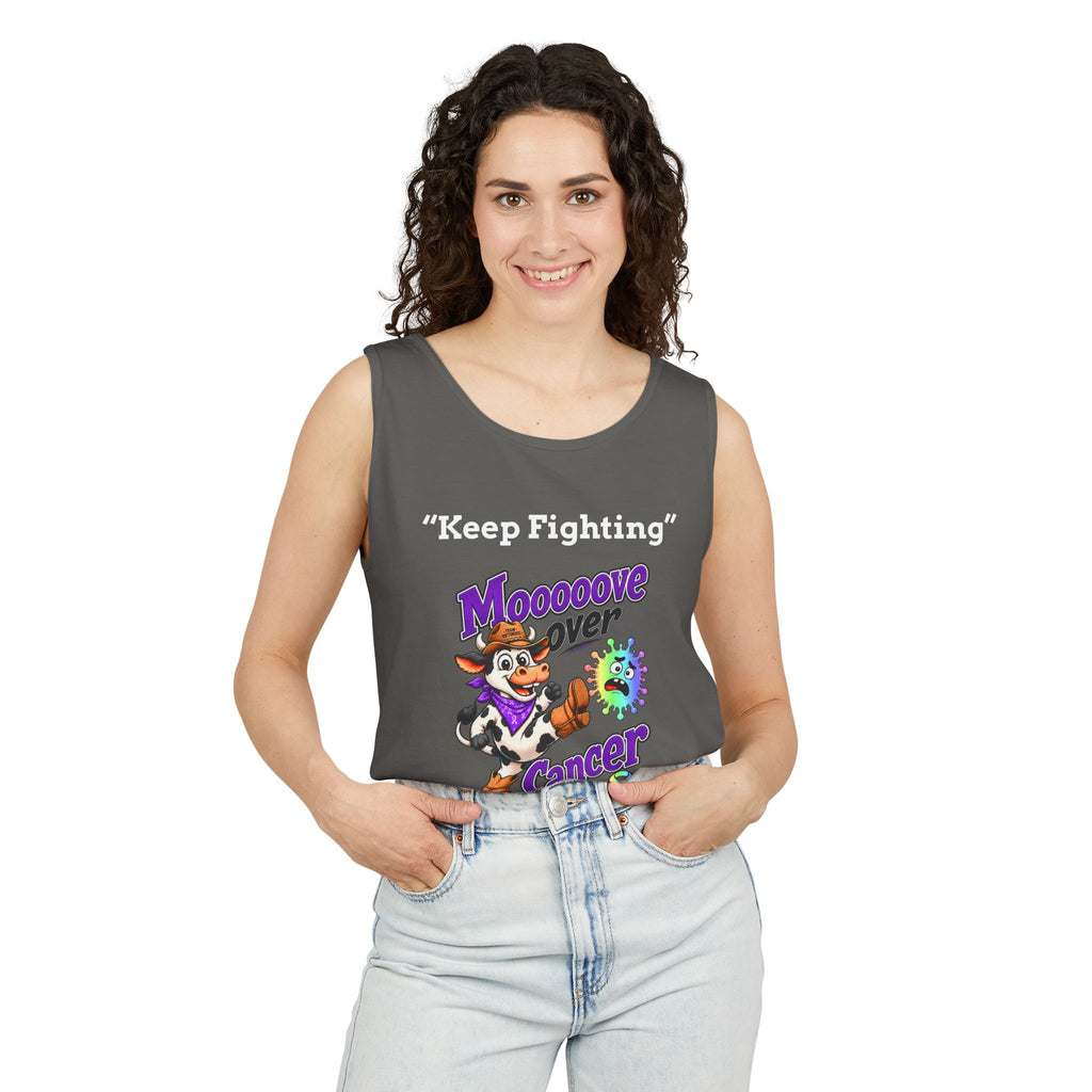 Man modeling a gray Moooove Over Cancer tank top with character artwork