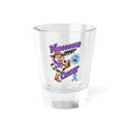 Moooove Over Cancer 1.5 oz shot glass with colorful cow artwork and awareness ribbon