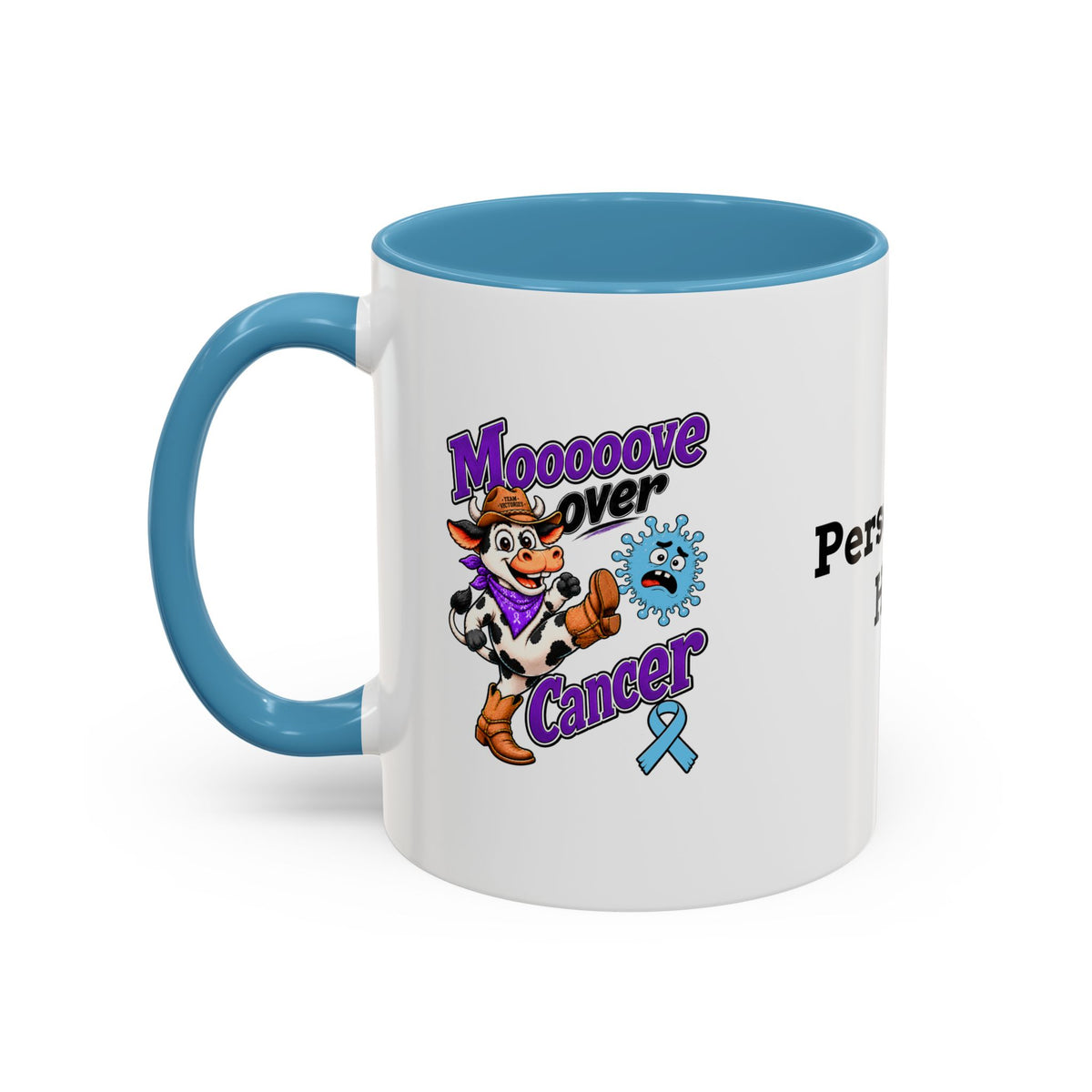 Moooove Over Cancer mug side view with blue handle and Prostate Cancer awareness ribbon